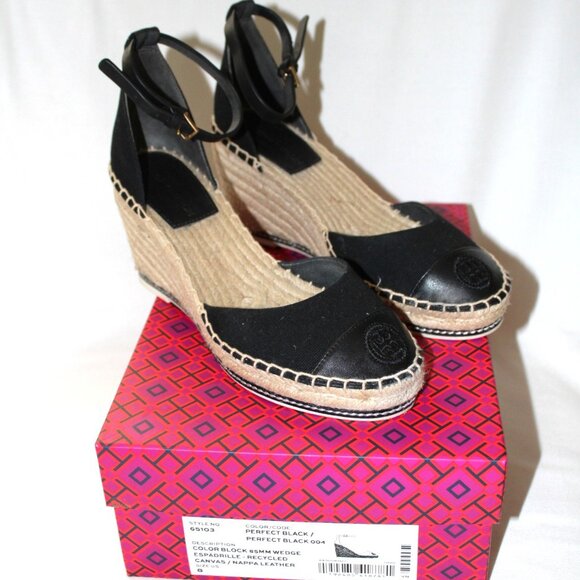 Tory Burch Pre-Owned Color Block Wedge Canvas Nappa Espadrille - Picture 1 of 7